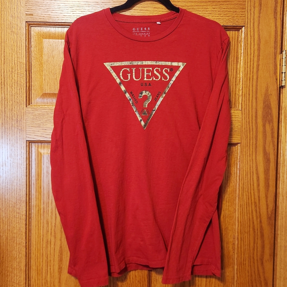 VTG Y2K Guess Jeans LA Red Long Sleeve T Shirt Size Large Double Stitch Triangle